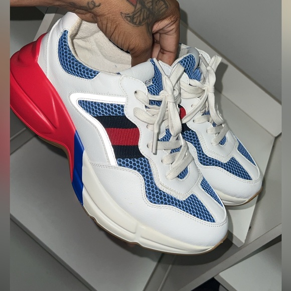 Gucci Rhyton Sneakers White Blue Red Web Stripe Size 6 - Picture 4 of 8